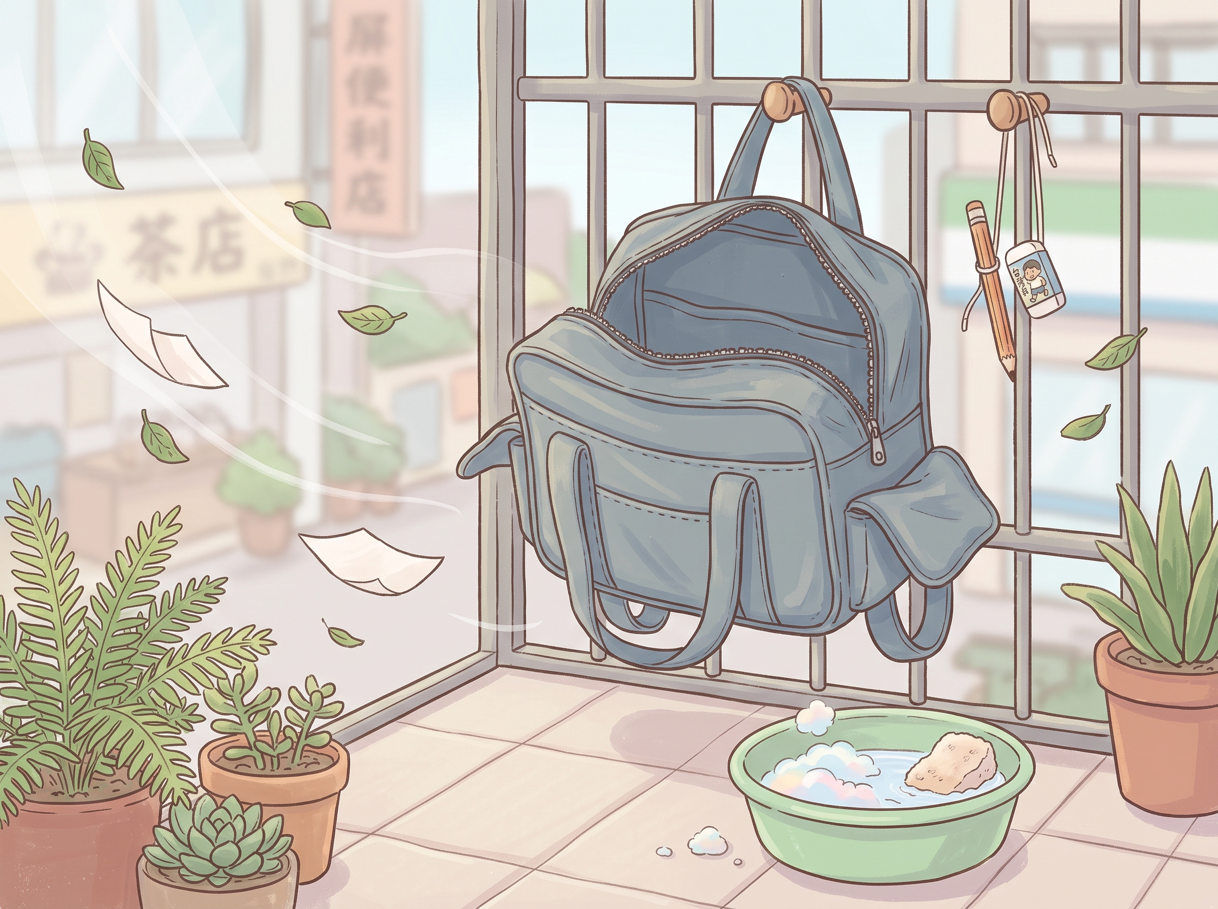 書包倒掛在通風陰涼處自然風乾